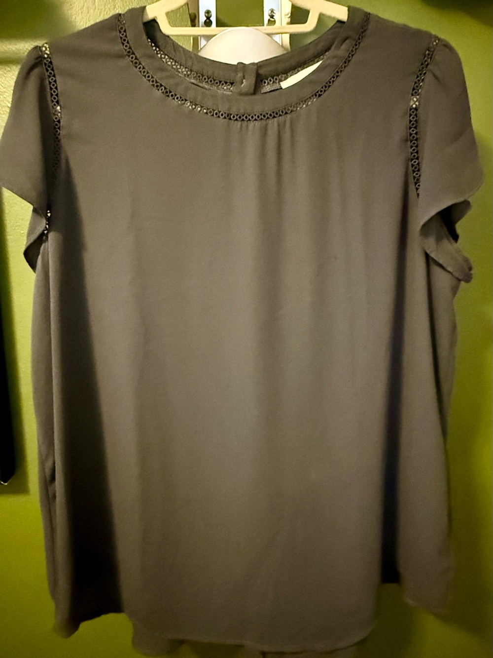 LOFT Charcoal Short Sleeve Crewneck Top with Eyelet Trim